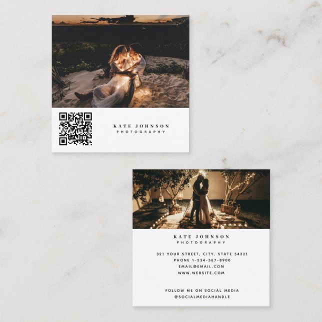 Photographer Photos QR Code Social Media Square Business Card (Front/Back)