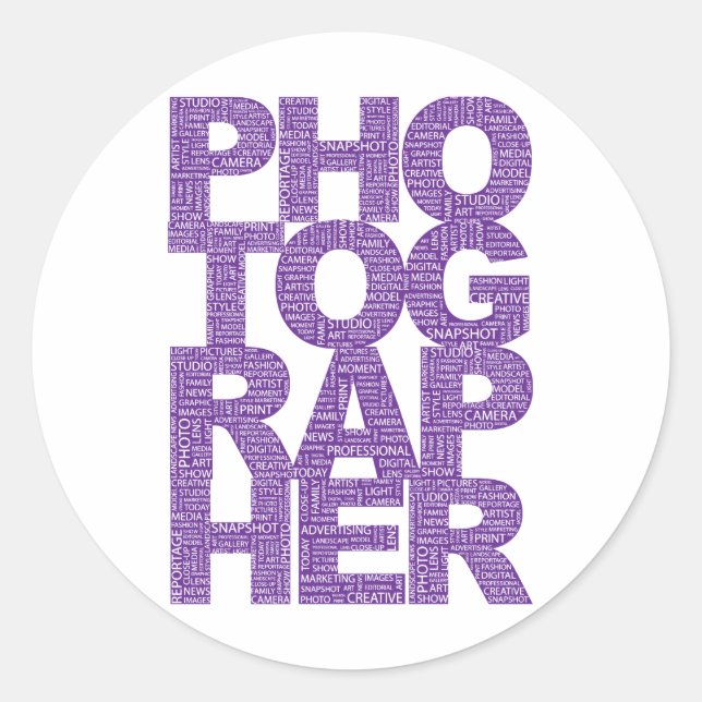 Photographer - Purple Text Classic Round Sticker (Front)