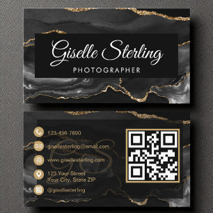 Photographer QR Code Black Gold Agate Luxury Luxe Business Card