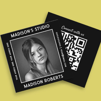 Photographer QR code custom photo black chic Square Business Card