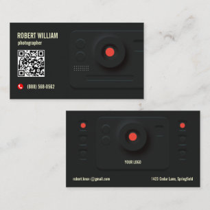 Photographer QR Code Modern Black Minimal Design Business Card
