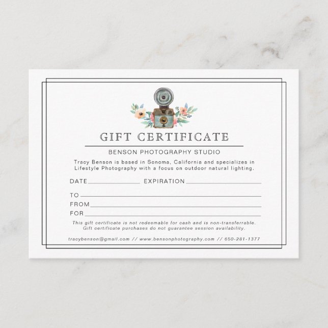 Photographer Retro Camera Logo | Gift Certificate (Front)
