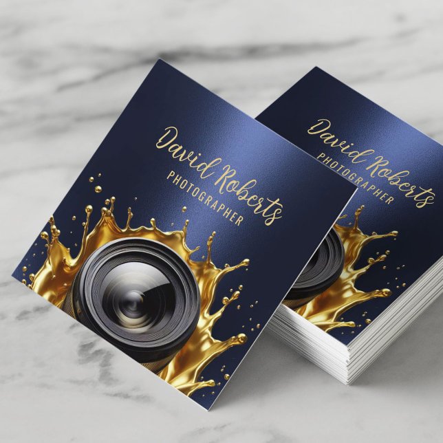 Photographer Trendy Gold Camera Photography Navy Square Business Card (Creator Uploaded)