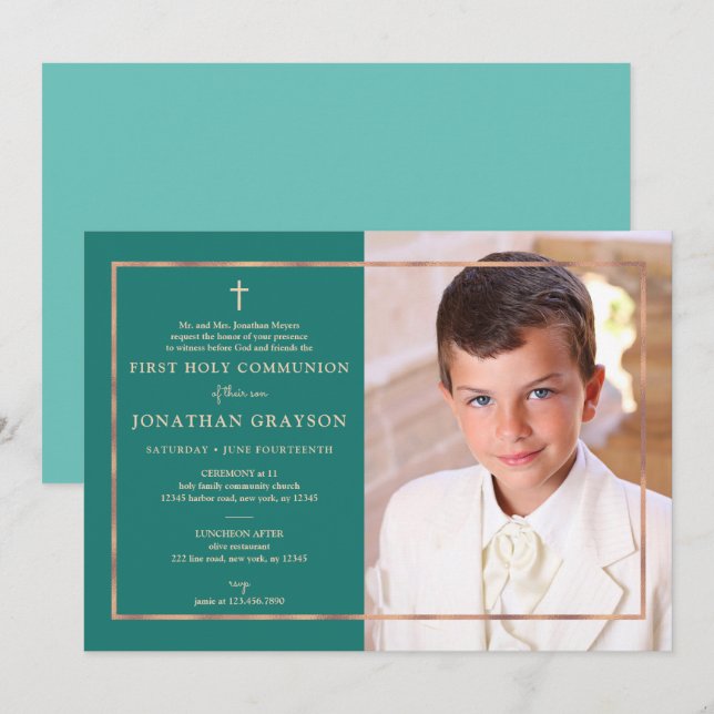 Photographic First Holy Communion Rose Gold Invitation (Front/Back)