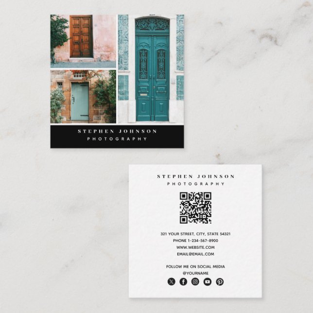 Photography 3 Photos QR Code Social Media Icons Square Business Card (Front/Back)