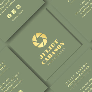 Photography Bold Typography Sage Green And Gold  Square Business Card