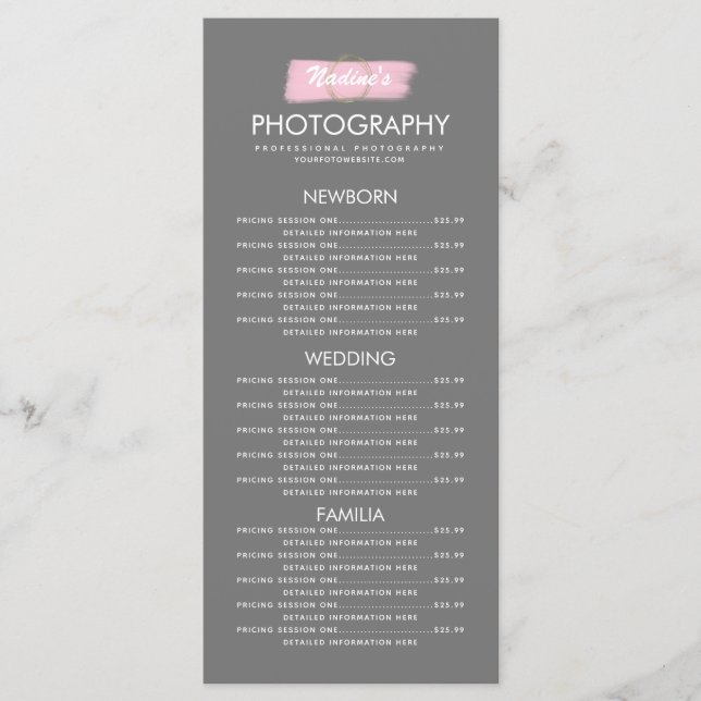 Photography Business Gold Logo Brush Stroke Pink  Menu (Front)