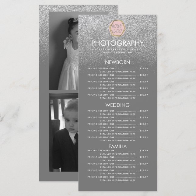 Photography Business Silver Glitter Grey Logo  Menu (Front/Back)