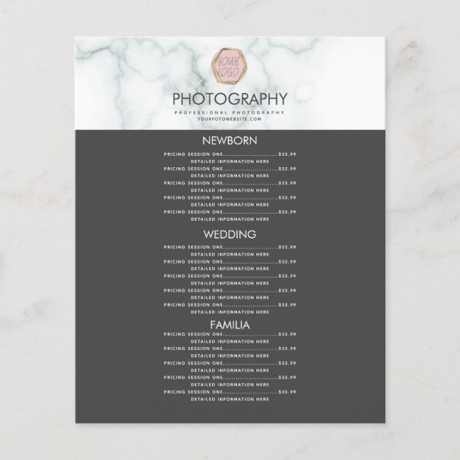 Photography Business Your Logo Grey Marble Menu (Front)