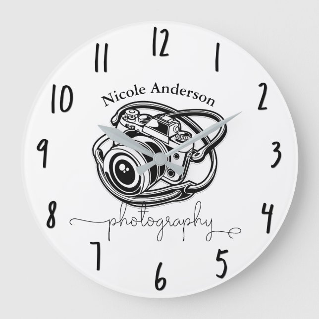 Photography Camera Modern Minimal Logo Graphic Large Clock (Front)