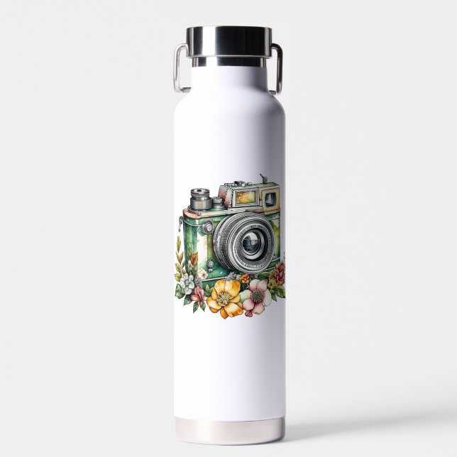 Photography Graphics and Quote | Vintage Camera Water Bottle (Front)