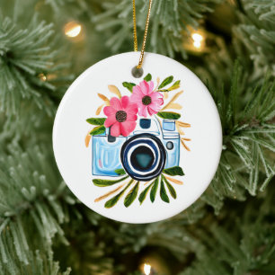 Photography Lovers Vintage Camera and Flowers Ceramic Tree Decoration