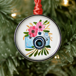Photography Lovers Vintage Camera and Flowers Metal Tree Decoration