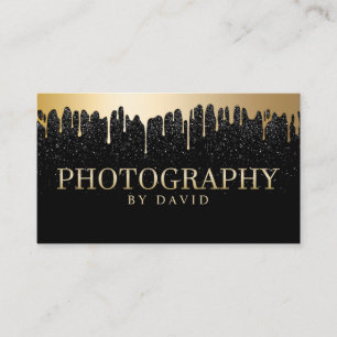 Photography Modern Black Glitter Gold Drips Business Card