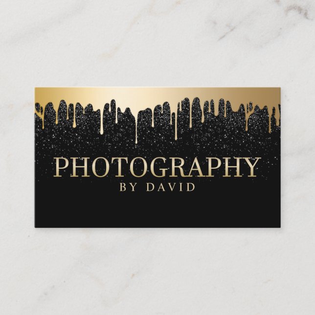 Photography Modern Black Glitter Gold Drips Business Card (Front)