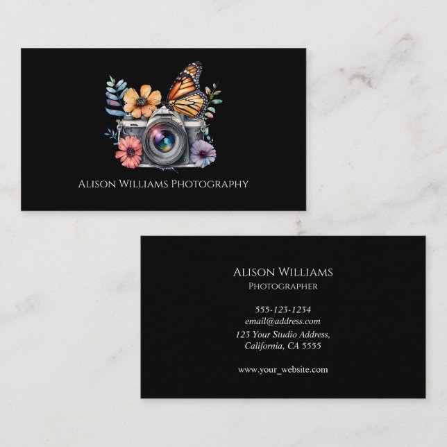 Photography Photographer Floral Camera Watercolor Business Card (Front/Back)