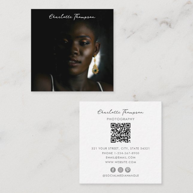 Photography Professional Photo QR Code Script  Square Business Card (Front/Back)