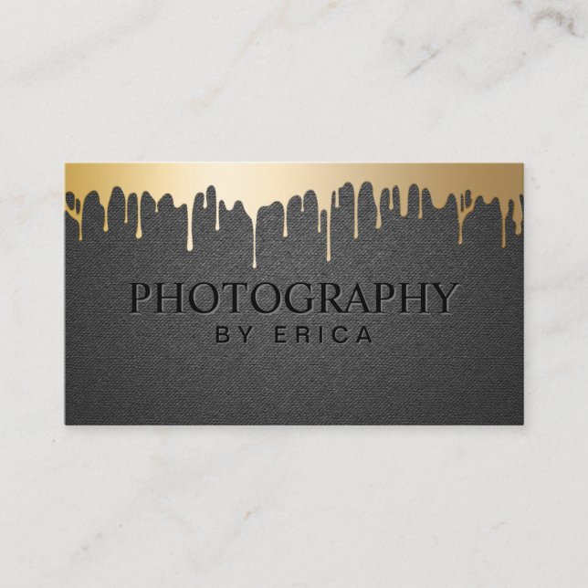 Photography Studio Gold Drips Elegant Black Business Card (Front)