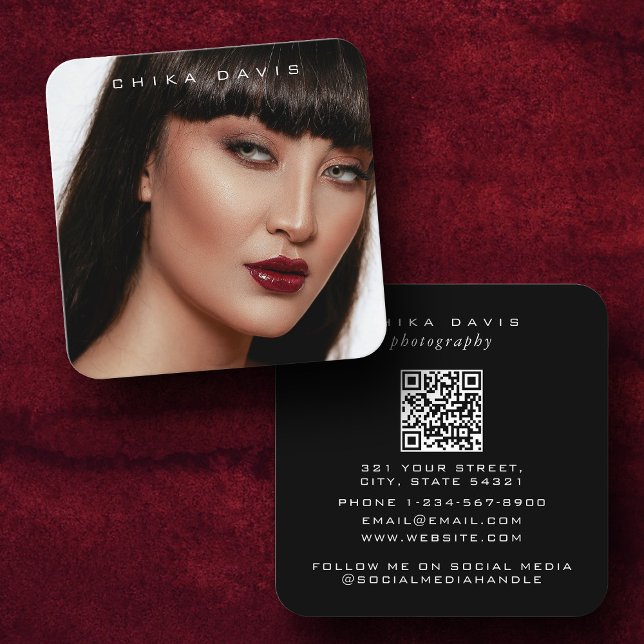 Photography Trendy Modern Full Photo QR Code Square Business Card (Photography Trendy Modern Full Photo QR Code Square Business Card)