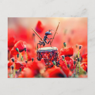 Photorealistic Ant Playing Drums in a Poppy Field Postcard