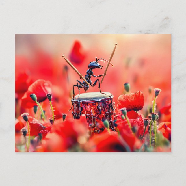 Photorealistic Ant Playing Drums in a Poppy Field Postcard (Front)