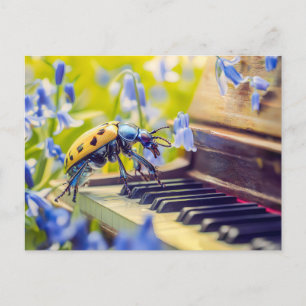 Photorealistic Oil Beetle Playing Piano Among Blue Postcard