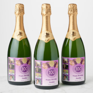 Photos, 100th Birthday Pink Glitter Champagne Sparkling Wine Label