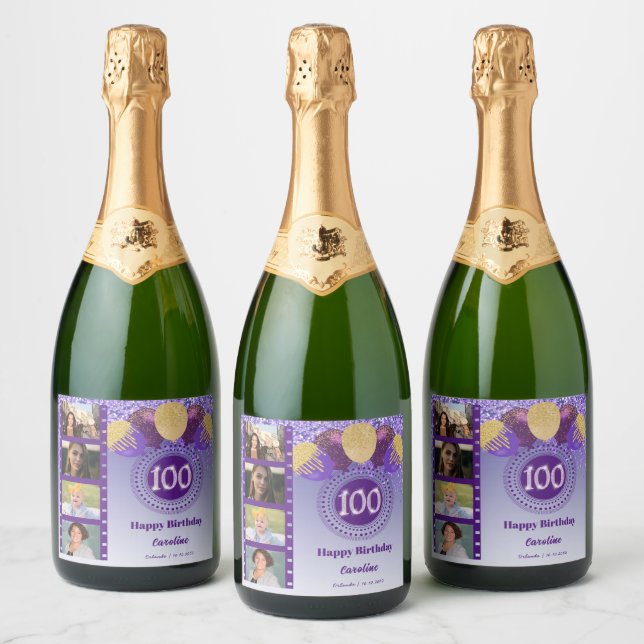Photos, 100th Birthday Purple Glitter Champagne Sparkling Wine Label (Bottles)