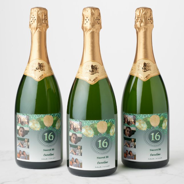 Photos, 16th Birthday Green Glitter Champagne Sparkling Wine Label (Bottles)