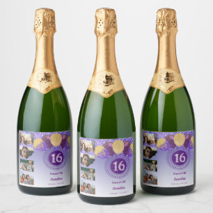 Photos, 16th Birthday Purple Glitter Champagne Sparkling Wine Label