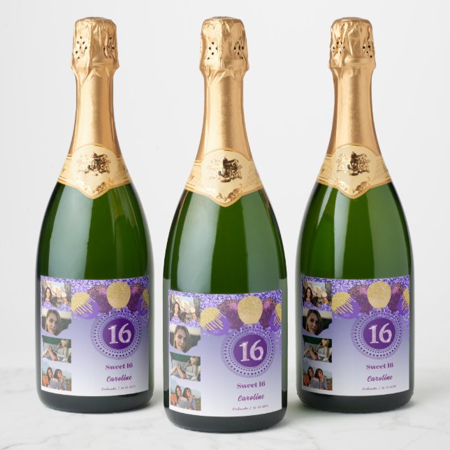 Photos, 16th Birthday Purple Glitter Champagne Sparkling Wine Label (Bottles)