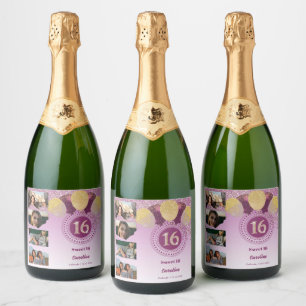 Photos, 16th Birthday Rose Gold Glitter Champagne Sparkling Wine Label