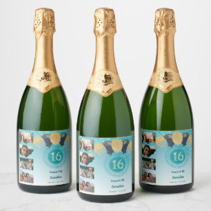 Photos, 16th Birthday Teal Blue Glitter Champagne Sparkling Wine Label