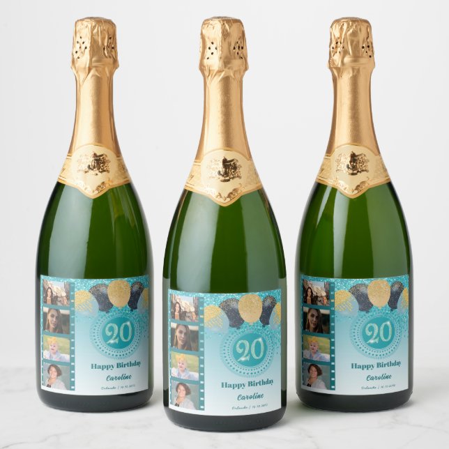 Photos, 20th Birthday Teal Blue Glitter Champagne Sparkling Wine Label (Bottles)