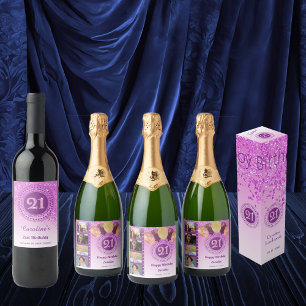 Photos, 21st Birthday Pink Glitter Champagne Sparkling Wine Label