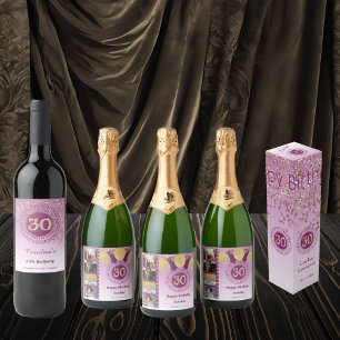Photos, 30th Birthday Rose Gold Glitter Champagne Sparkling Wine Label