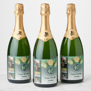 Photos, 40th Birthday Green Glitter Champagne Sparkling Wine Label