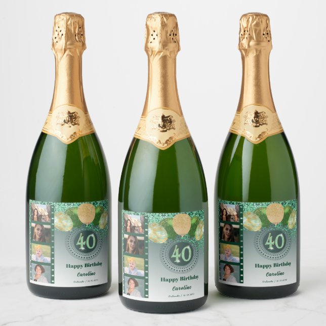 Photos, 40th Birthday Green Glitter Champagne Sparkling Wine Label (Bottles)
