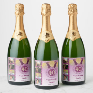 Photos, 40th Birthday Rose Gold Glitter Champagne Sparkling Wine Label