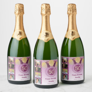 Photos, 50th Birthday Rose Gold Glitter Champagne Sparkling Wine Label