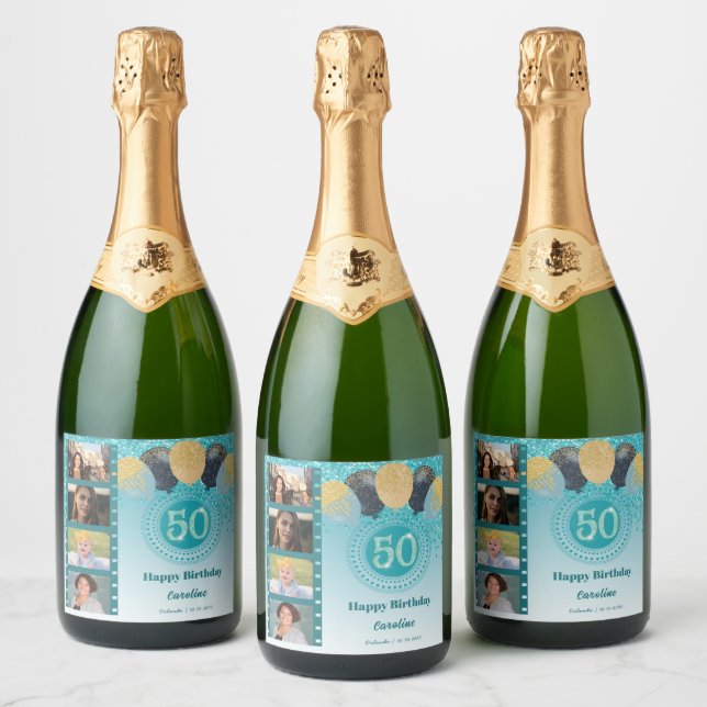 Photos, 50th Birthday Teal Blue Glitter Champagne Sparkling Wine Label (Bottles)
