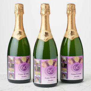 Photos, 60th Birthday Pink Glitter Champagne Sparkling Wine Label