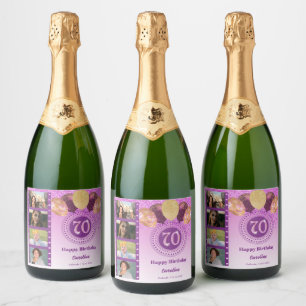 Photos, 70th Birthday Pink Glitter Champagne Sparkling Wine Label