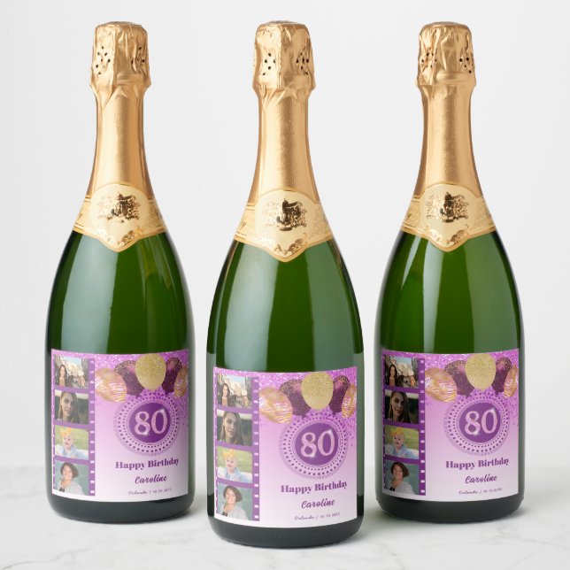 Photos, 80th Birthday Pink Glitter Champagne Sparkling Wine Label (Bottles)