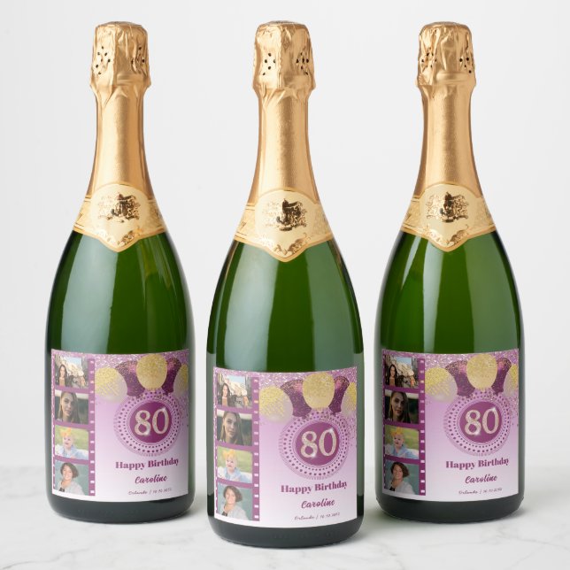 Photos, 80th Birthday Rose Gold Glitter Champagne Sparkling Wine Label (Bottles)