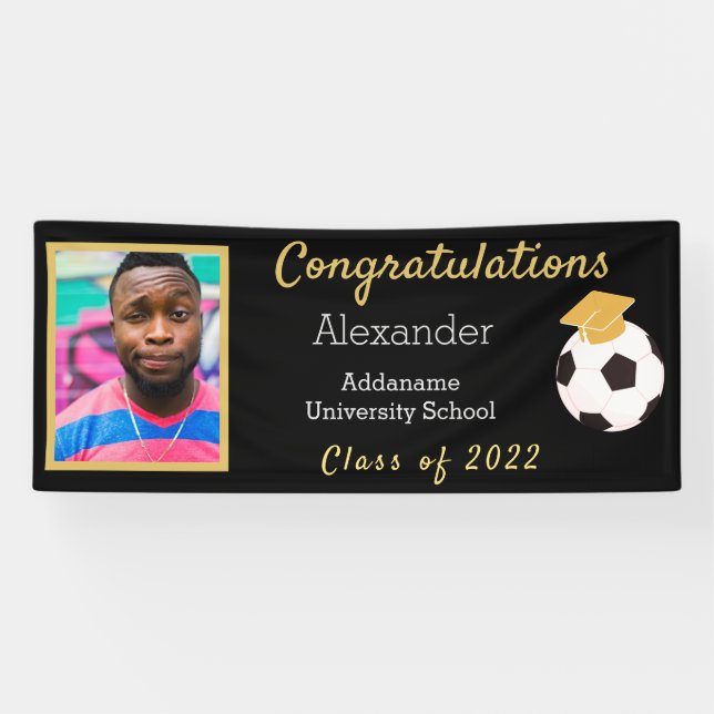 Photos Black and Gold Congrats Grad Soccer Ball Banner (Horizontal)