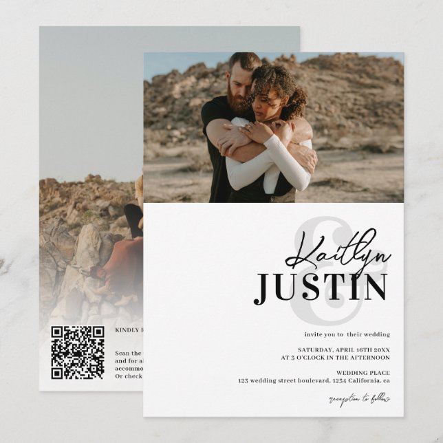 Photos bold names calligraphy black white wedding invitation (Front/Back)