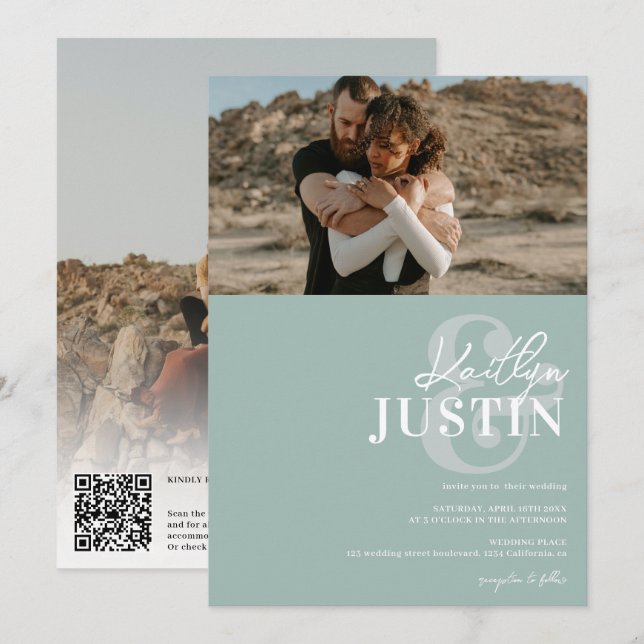 Photos bold names calligraphy sage mint wedding invitation (Front/Back)