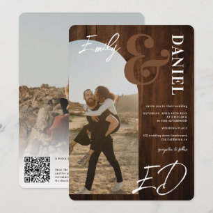 Photos bold names script arch brown wood wedding invitation