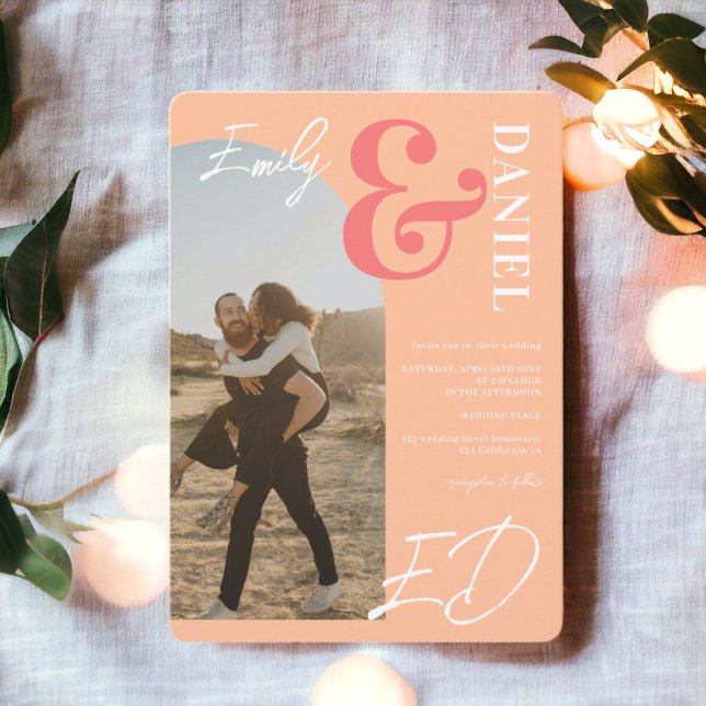 Photos bold names script arch peach salmon wedding invitation (Photos bold names script arch peach salmon wedding invitation)